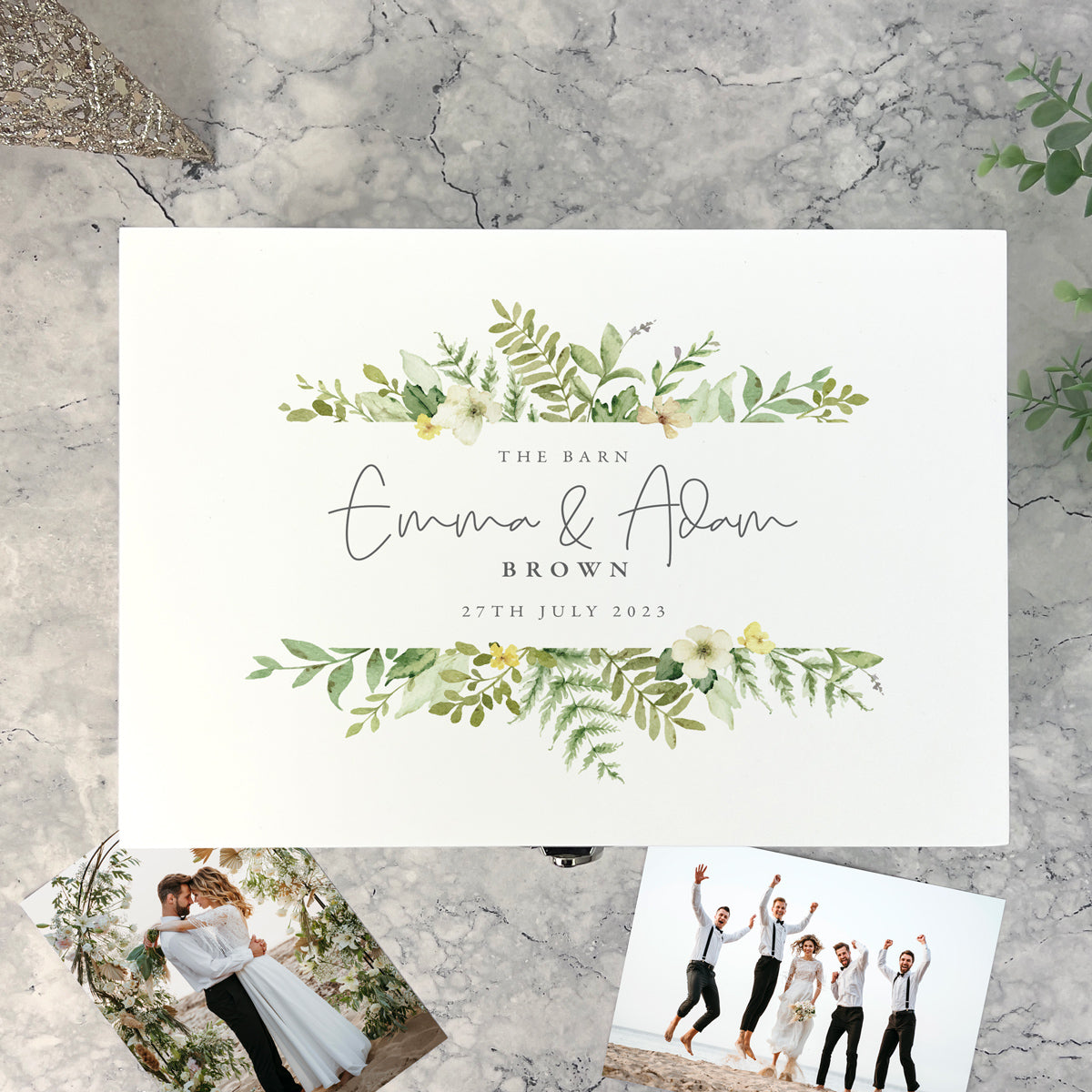 Personalised Luxury White Wooden Floral Wedding Keepsake Memory Box - 3 Sizes (22cm | 27cm | 30cm)