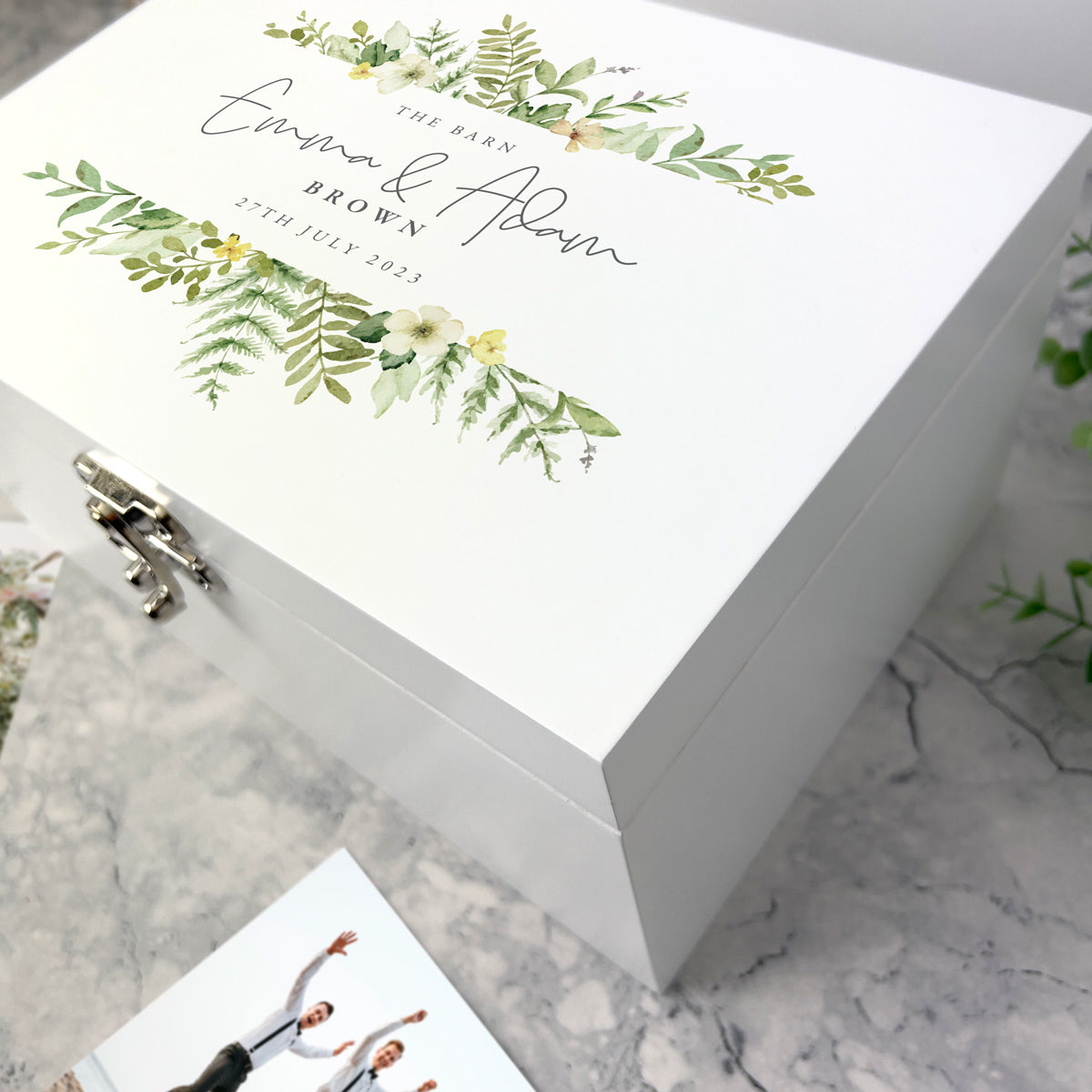 Personalised Luxury White Wooden Floral Wedding Keepsake Memory Box - 3 Sizes (22cm | 27cm | 30cm)