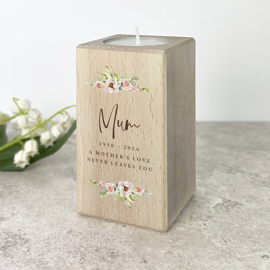 Personalised Any Message Floral Solid Wood Tea Light Holder - 2 Sizes