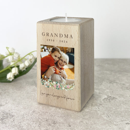 Personalised Memorial Floral Solid Wood Tea Light Holder - 2 Sizes