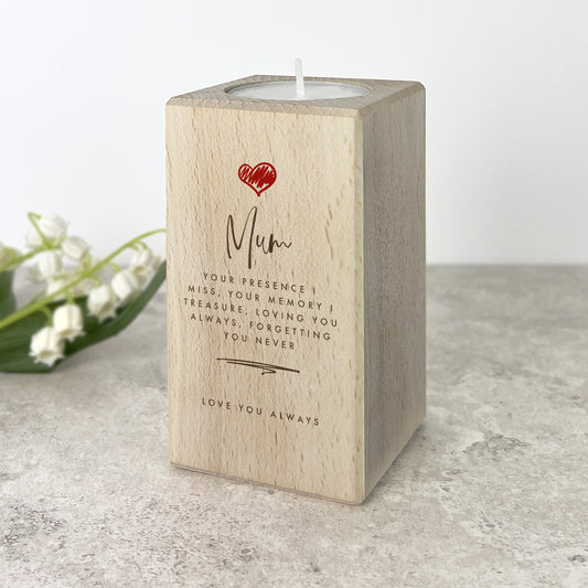 Personalised Any Message Red Heart Solid Wood Tea Light Holder - 2 Sizes
