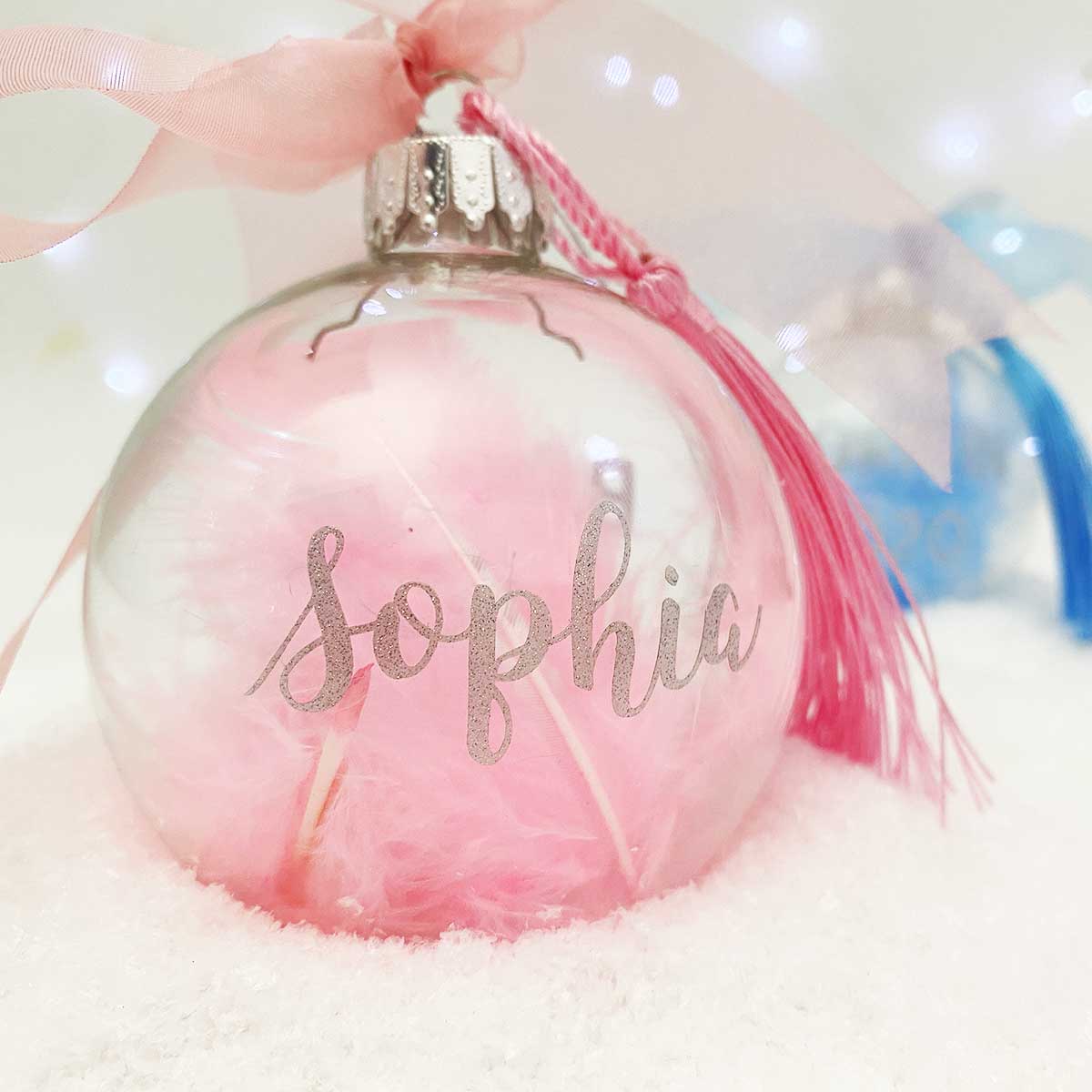 Personalised 'Born in 2023' Pink Blue or White Feather Filled Glass Bauble