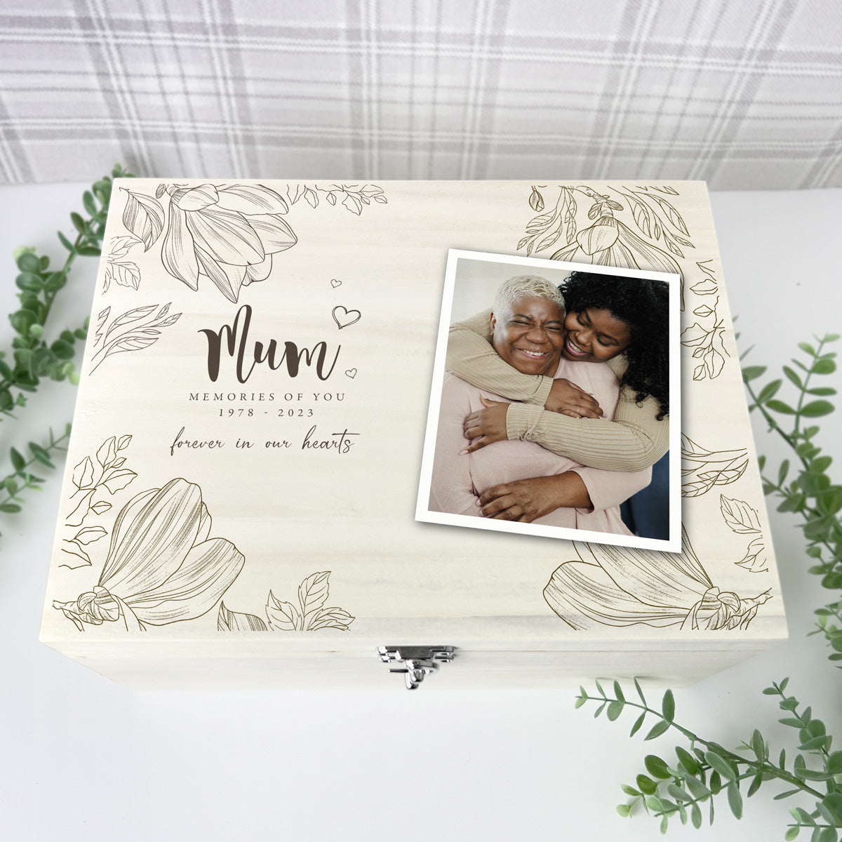 Personalised Luxury 34cm Floral Wooden Memorial Photo Keepsake Memory Box