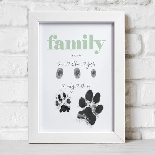 Personalised Pale Green Family (inc. Pets) Fingerprint Framed Print + Ink Pads