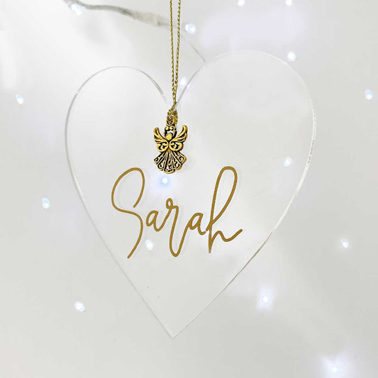 Personalised Clear Acrylic Heart With Angel Pendant (Gold/Silver)