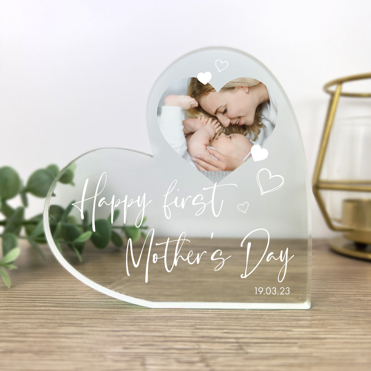 Personalised First Mother's Day Photo Acrylic Freestanding Heart