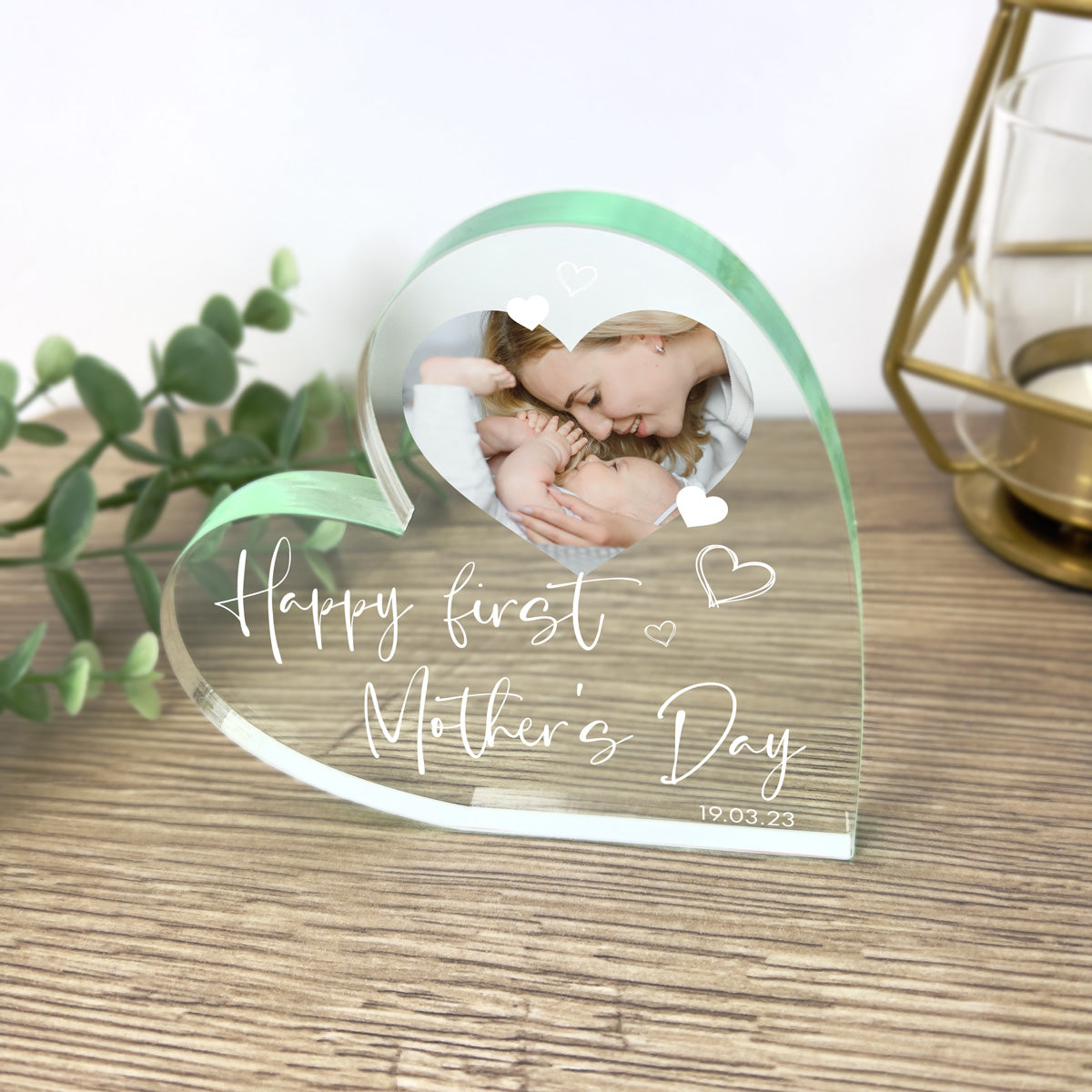 Personalised First Mother's Day Photo Acrylic Freestanding Heart