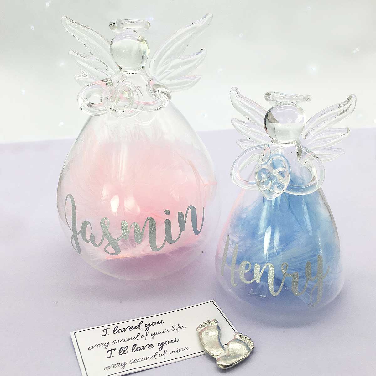 Pink/Blue or White Feather Filled Glass 'Angel Baby' Memorial Angel