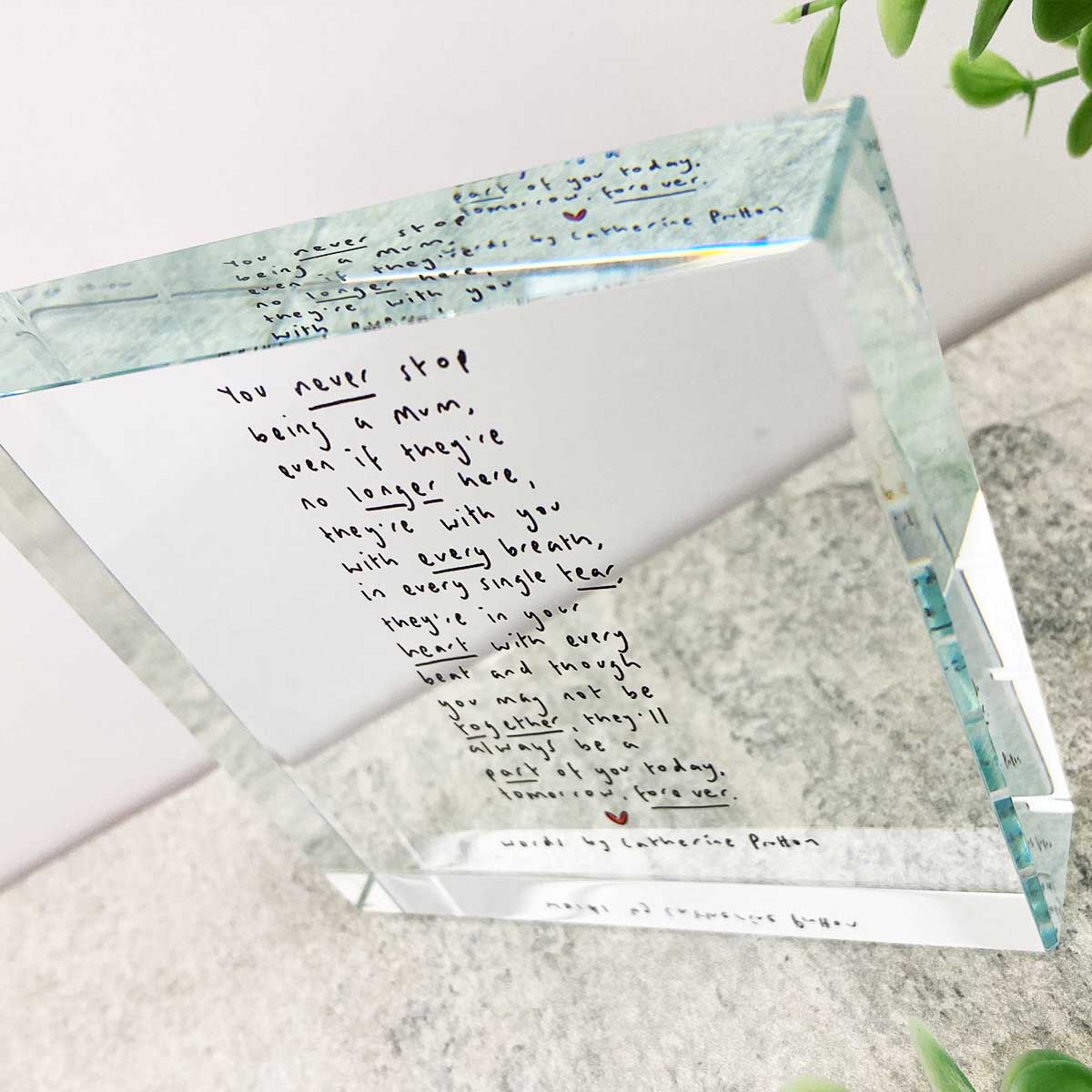 Freestanding Crystal Token with Baby Loss Poem by Catherine Prutton