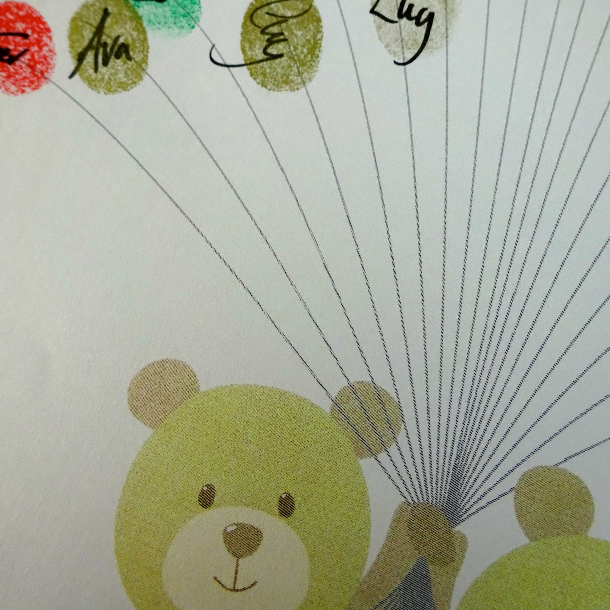 Fingerprint art, twin teddys holds fingerprint balloons