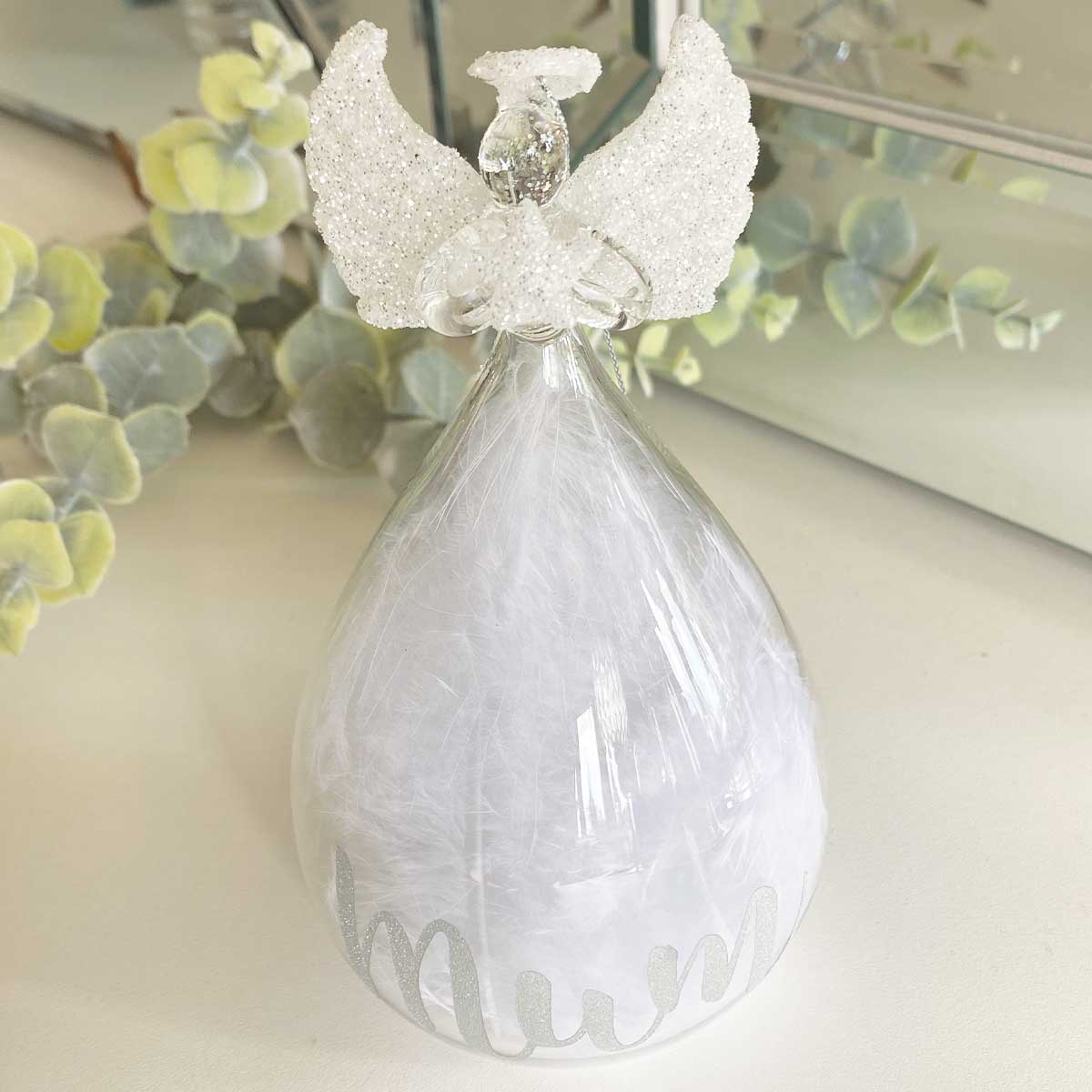 Personalised Glass Feather Filled Large Angel Ornament/Hanging Decoration