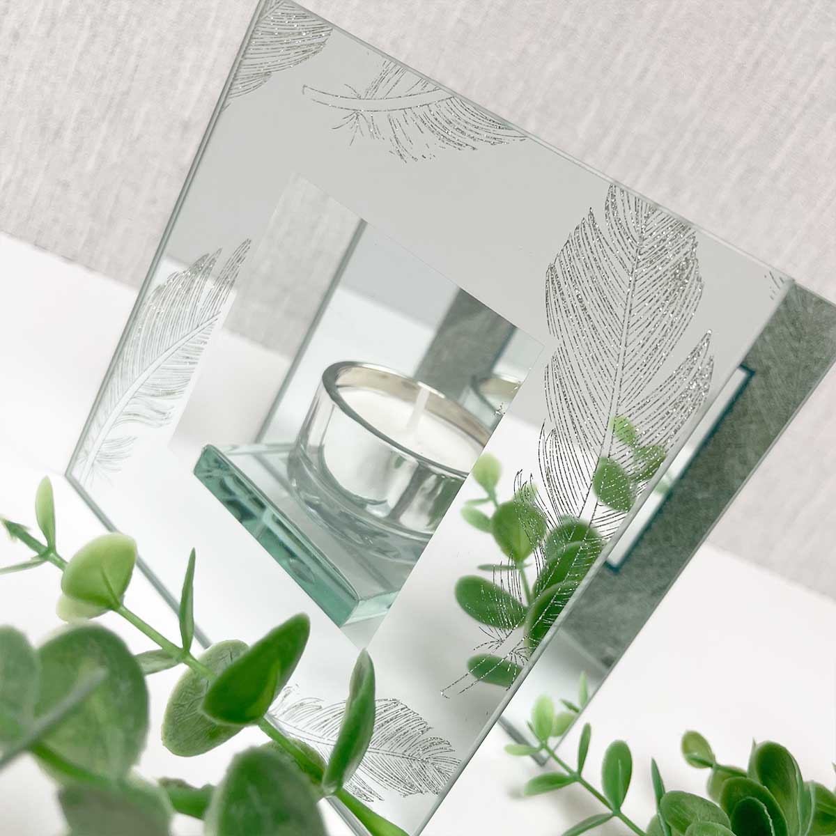 Silver Glitter Feather Glass Tea Light Holder Box