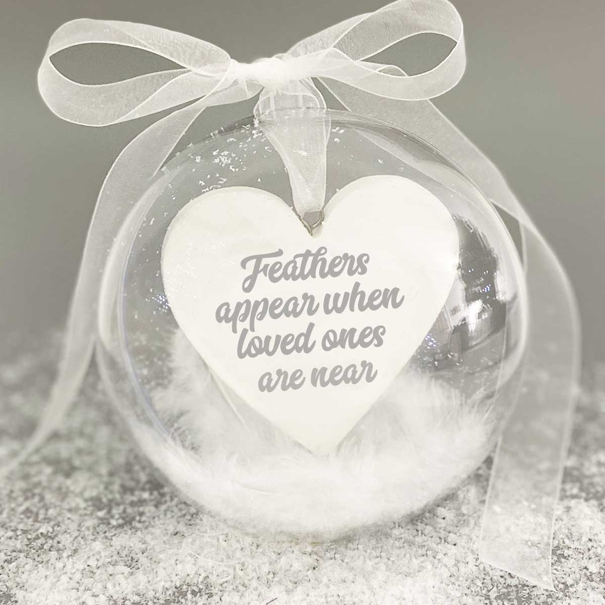 Personalised "Feathers appear when loved ones are near" Memorial Bauble - Mum or Dad