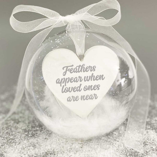 Personalised "Feathers appear when loved ones are near"  10cm Memorial Bauble