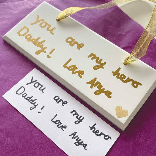 Your Handwriting Personalised Hanging Wooden White Sign