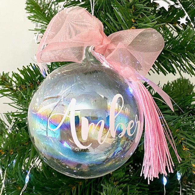 Personalised 'Any Name' Blue or Pink Iridescent Glass Bauble