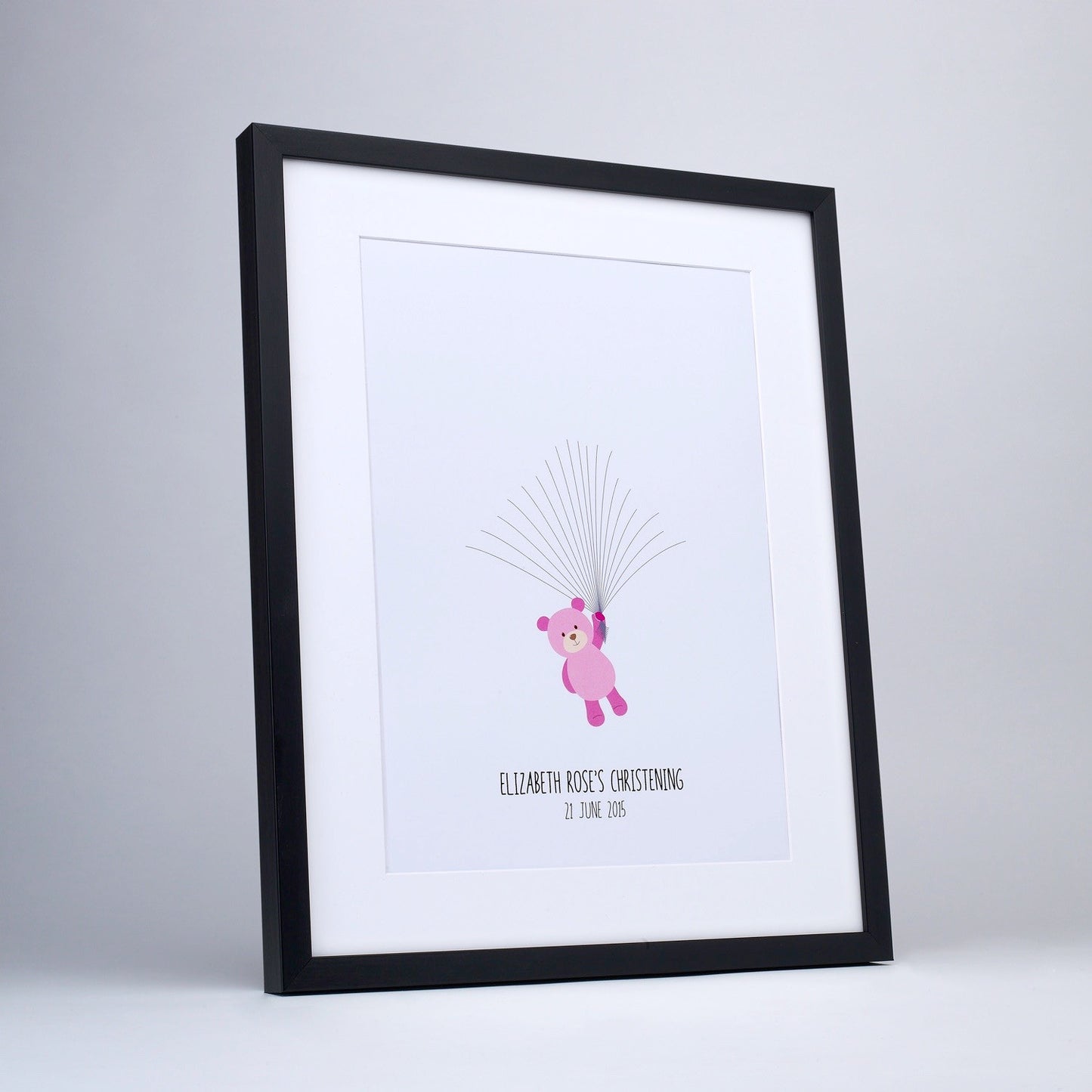 Fingerprint art, pink teddy for fingerprint balloons, black frame
