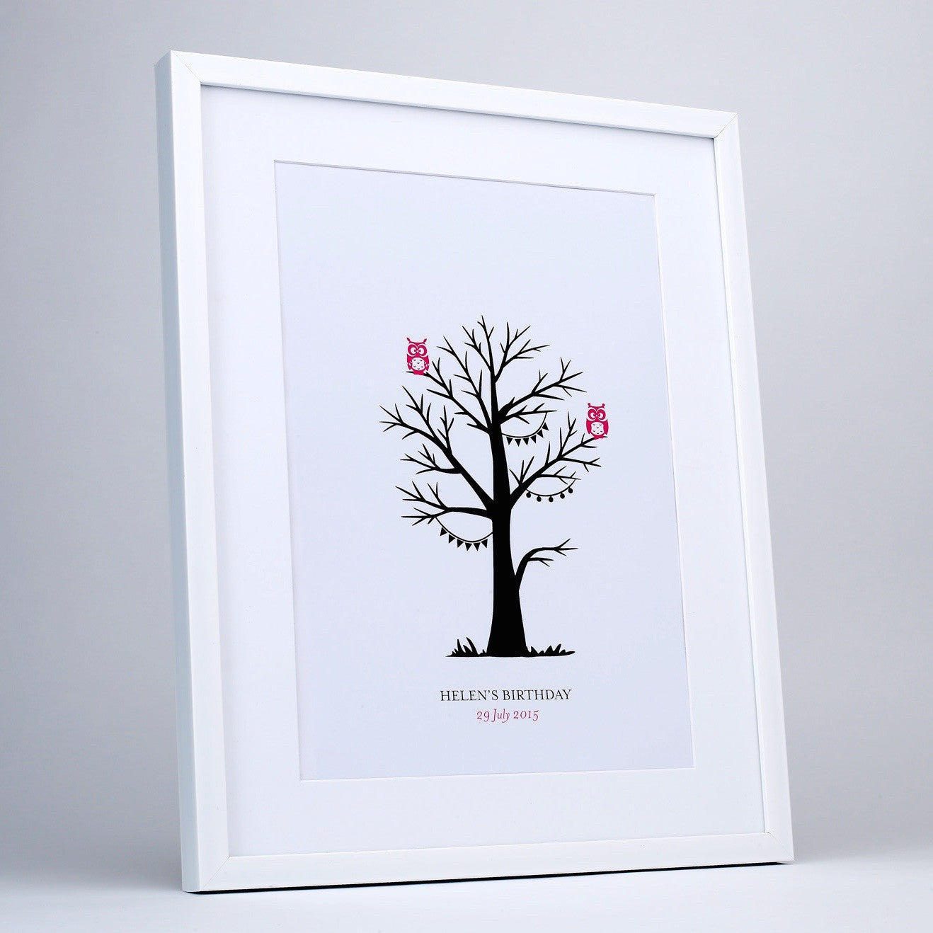 Personalised Pink Owl Fingerprint Tree - White Frame