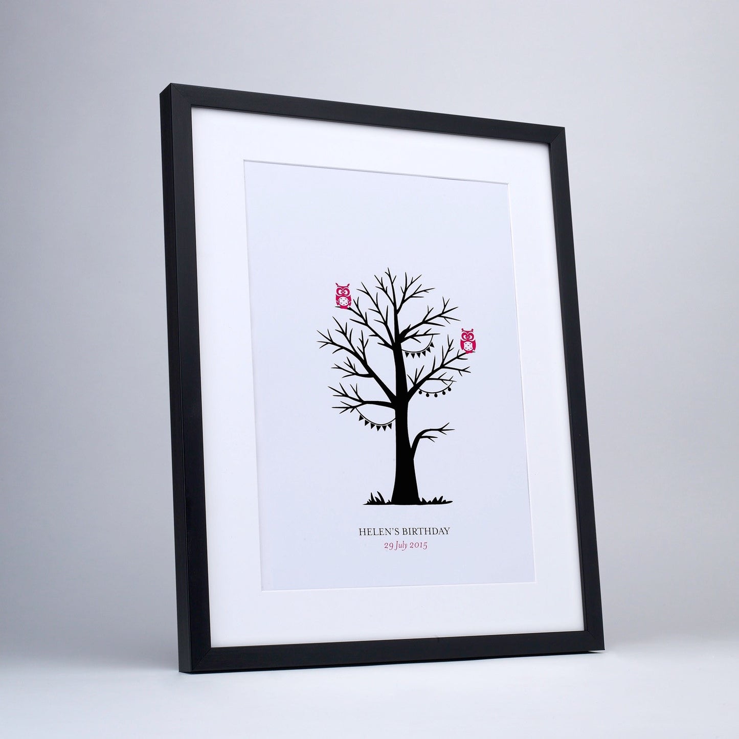Personalised Pink Owl Fingerprint Tree - Black Frame
