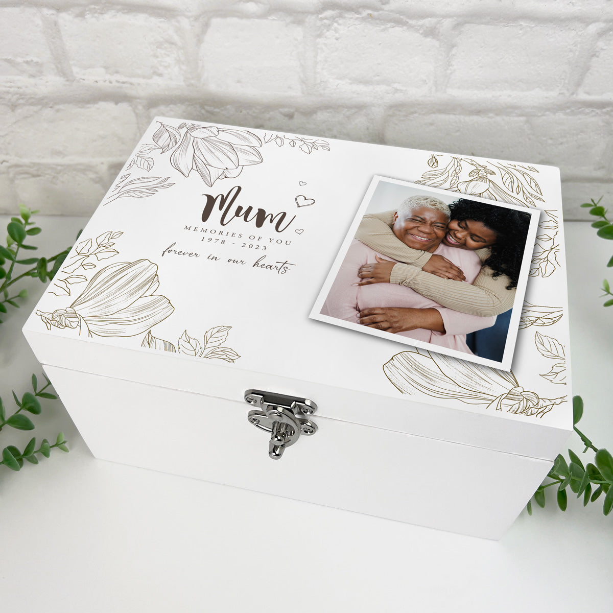 Personalised Luxury Floral White Wooden Memorial Photo Keepsake Memory Box - 3 Sizes (22cm | 27cm | 30cm)