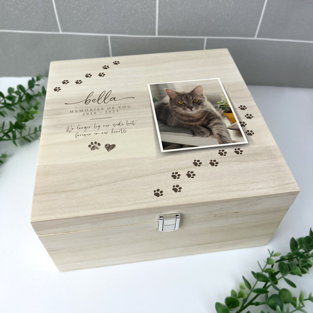 Personalised Paw Prints Square 28cm Luxury Wooden Pet Memorial Photo Memory Box