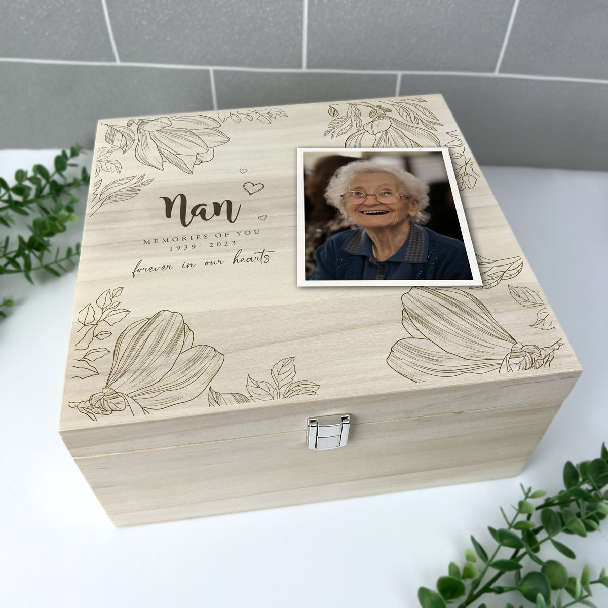 Personalised Luxury 28cm Square Floral Wooden Memorial Photo Keepsake Memory Box