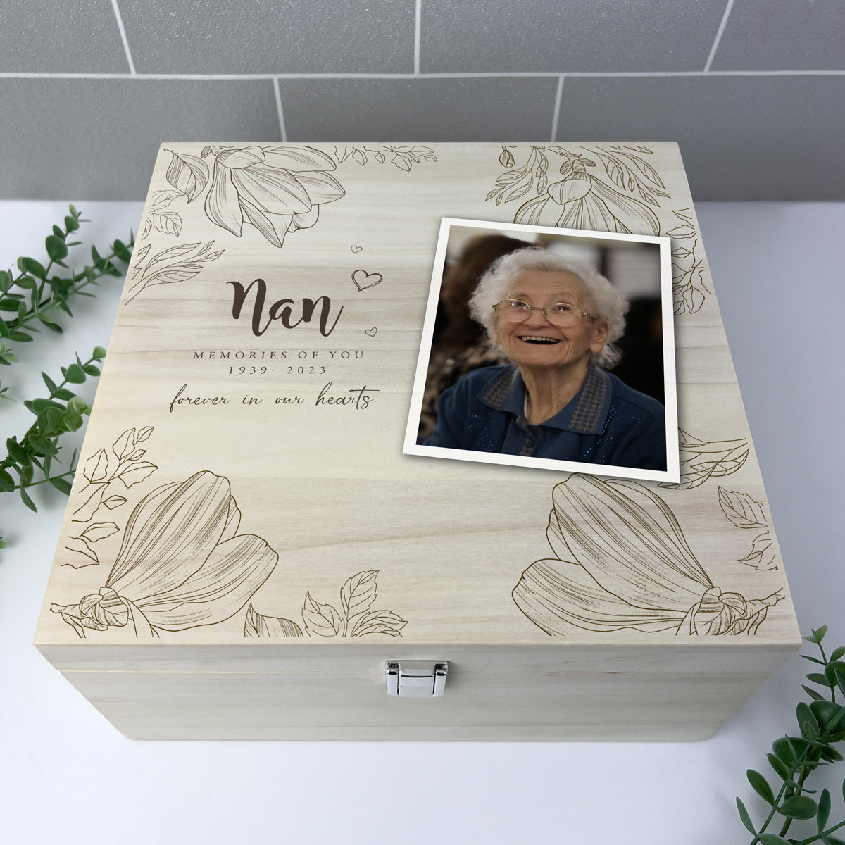 Personalised Luxury 28cm Square Floral Wooden Memorial Photo Keepsake Memory Box