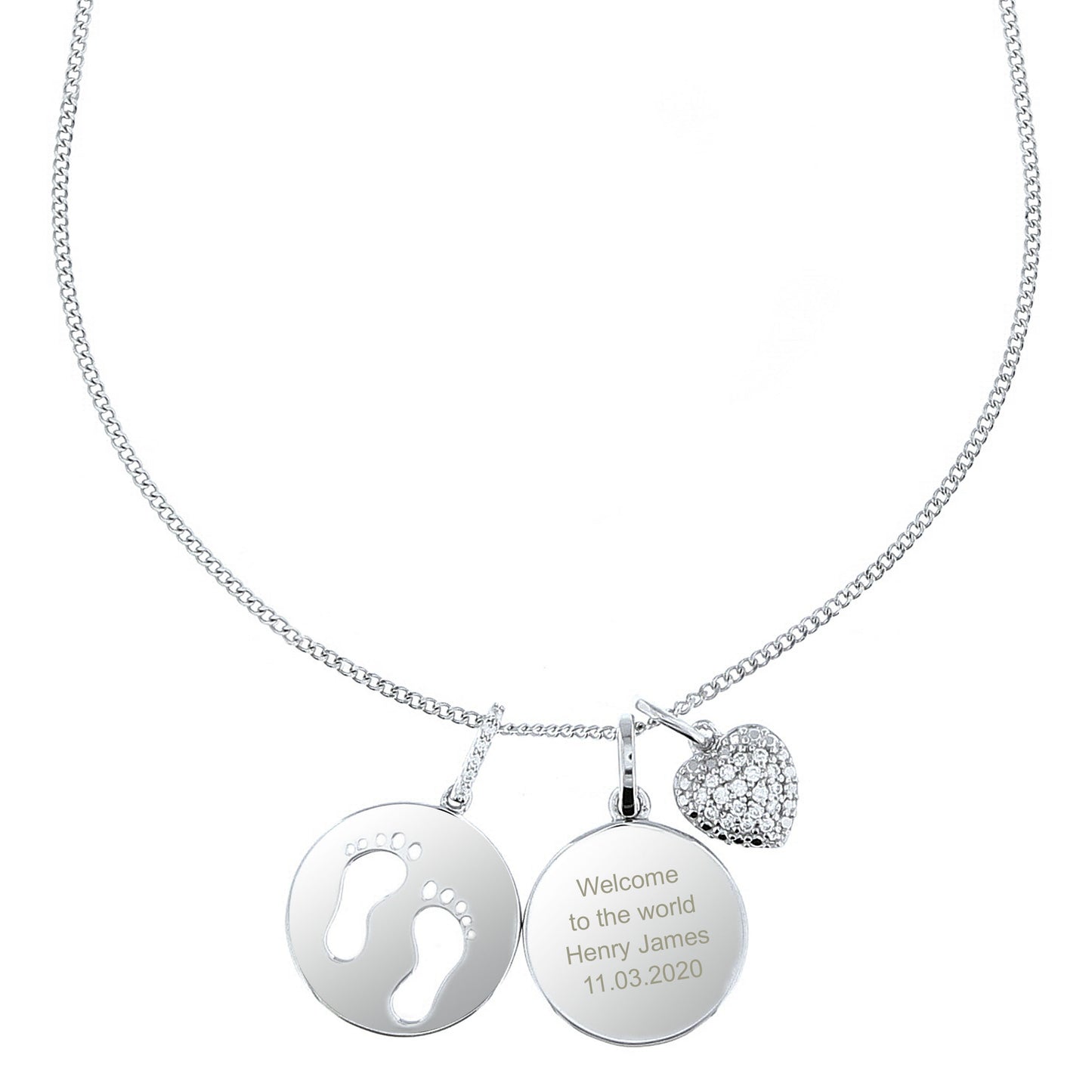 Personalised Sterling Silver Footprints and Cubic Zirconia Heart Angel Baby Necklace
