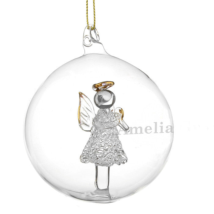 Personalised Christmas Tree Bauble, Glass with Angel - Name Only
