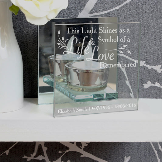 Personalised Life and Love Mirrored Glass Tea Light Holder