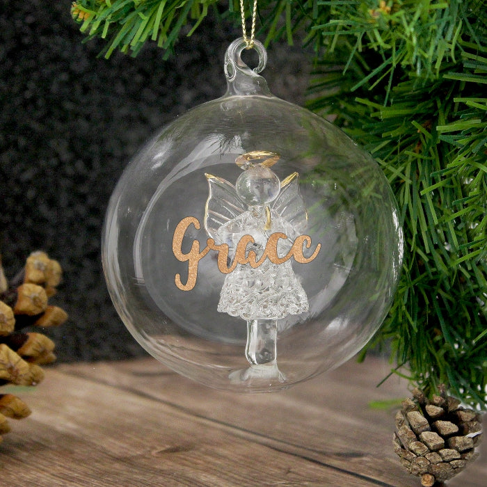 Personalised Glass Christmas Tree Bauble with Angel & Gold Glitter Name