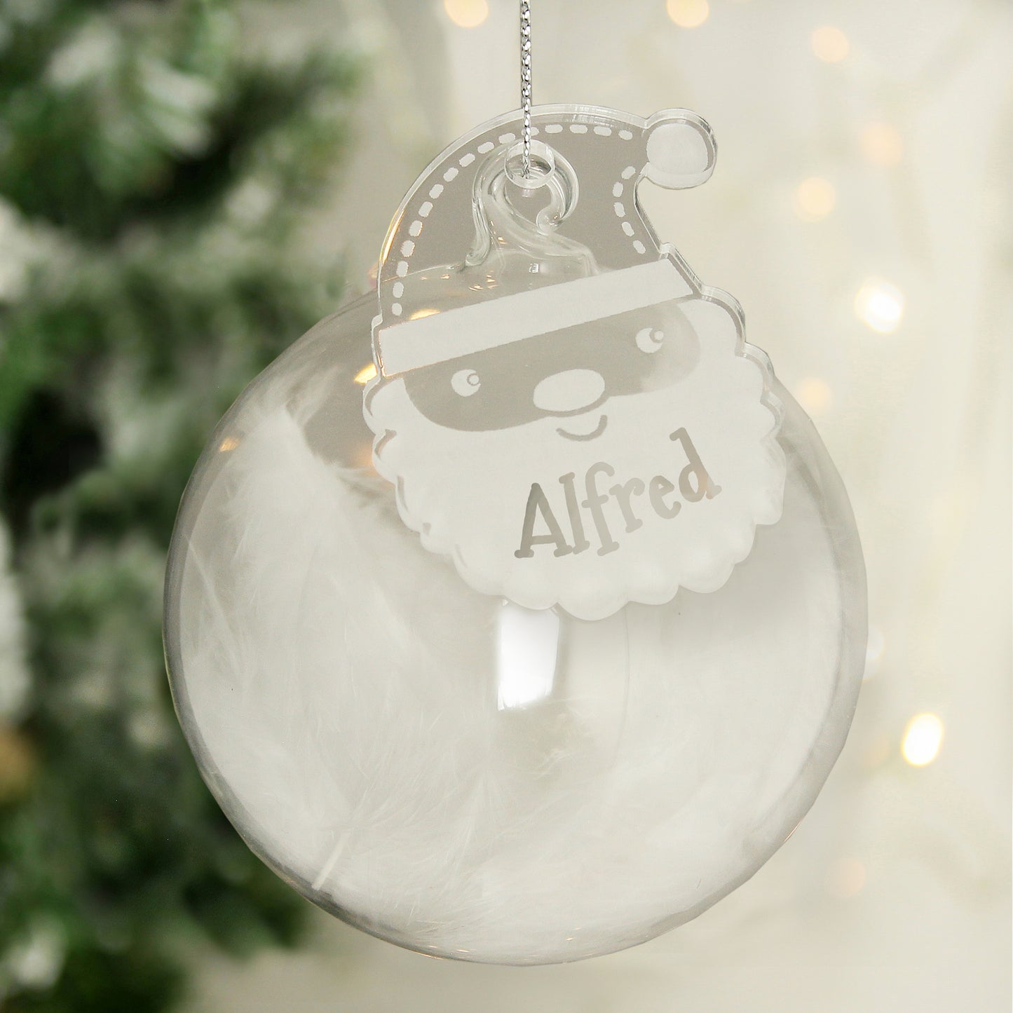 Personalised Christmas White Feather Glass Bauble With Santa Tag