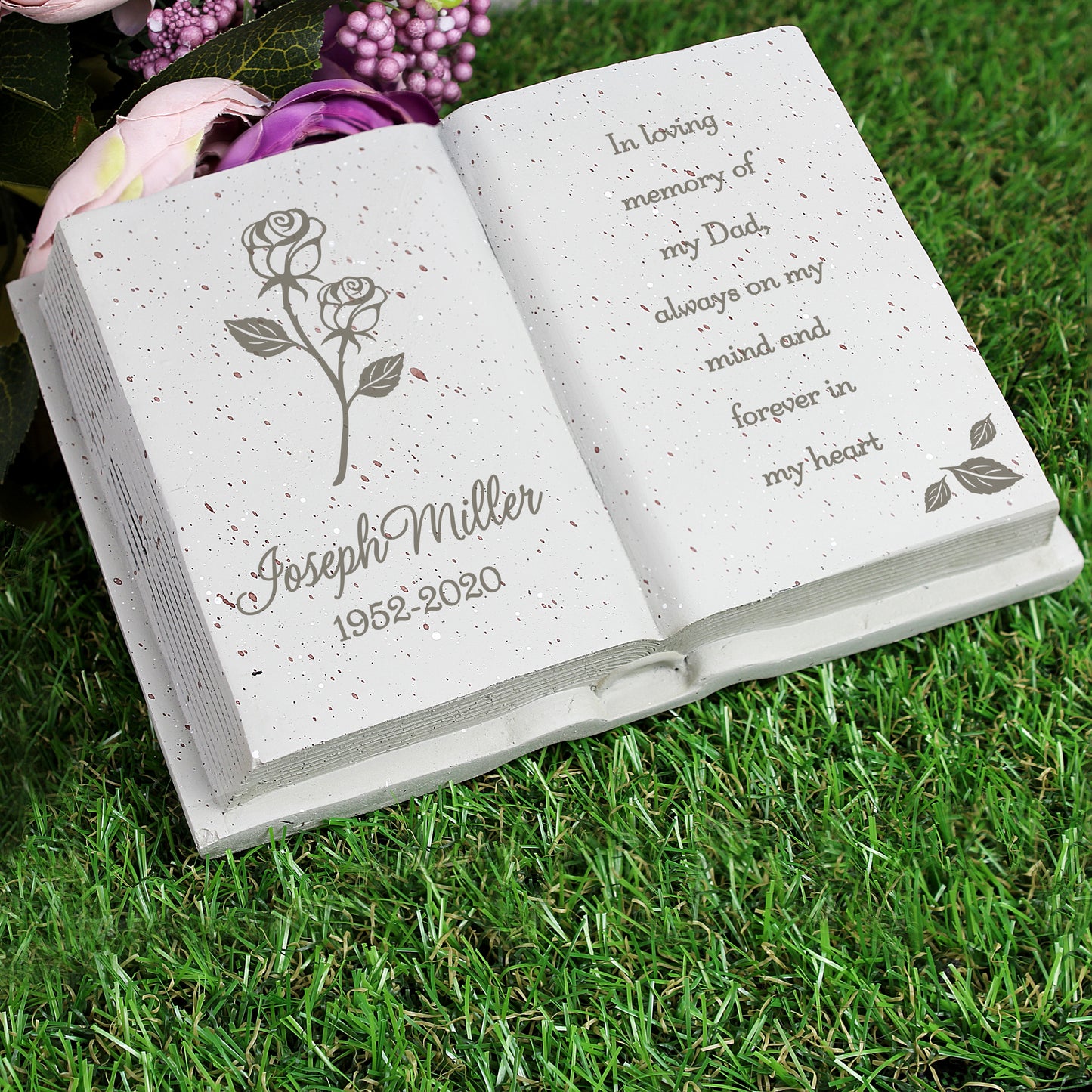 Personalised Book Memorial Grave Marker - Rose Design