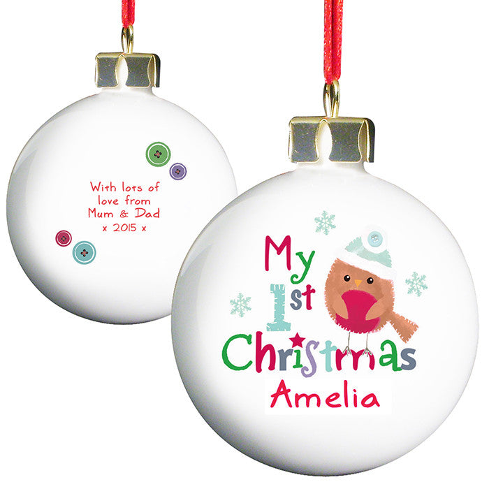 Personalised 'My 1st Christmas' Bauble with Felt Robin