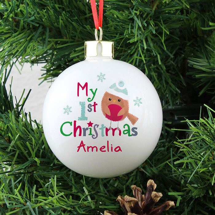 Personalised 'My 1st Christmas' Bauble with Felt Robin - on Tree