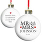 Personalised 'Mr &Mrs' Christmas bauble - white, black text, red hearts