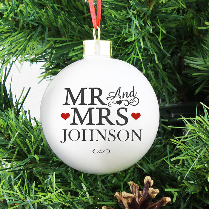 Personalised 'Mr &Mrs' Christmas bauble - on tree