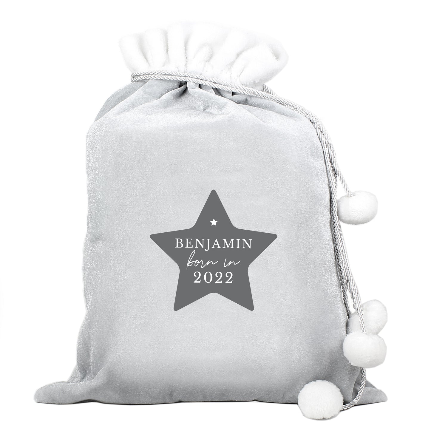 Personalised Born In Year Luxury Silver Grey Pom Pom Sack