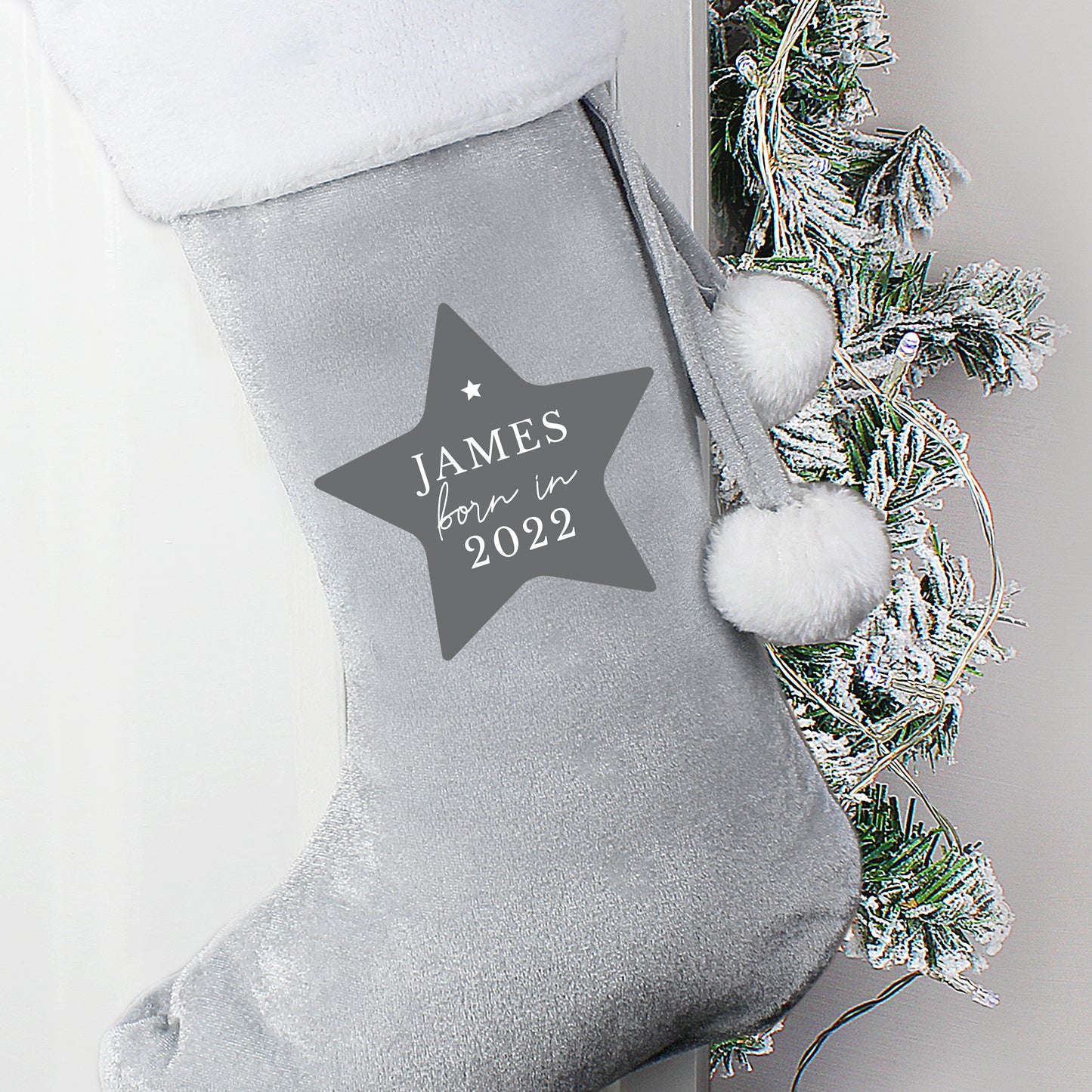 Personalised Born In Year Luxury Silver Grey Stocking