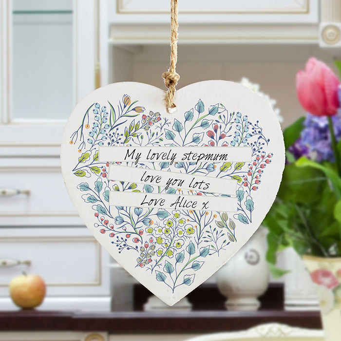 Personalised Botanical Wooden Heart for Stepmum