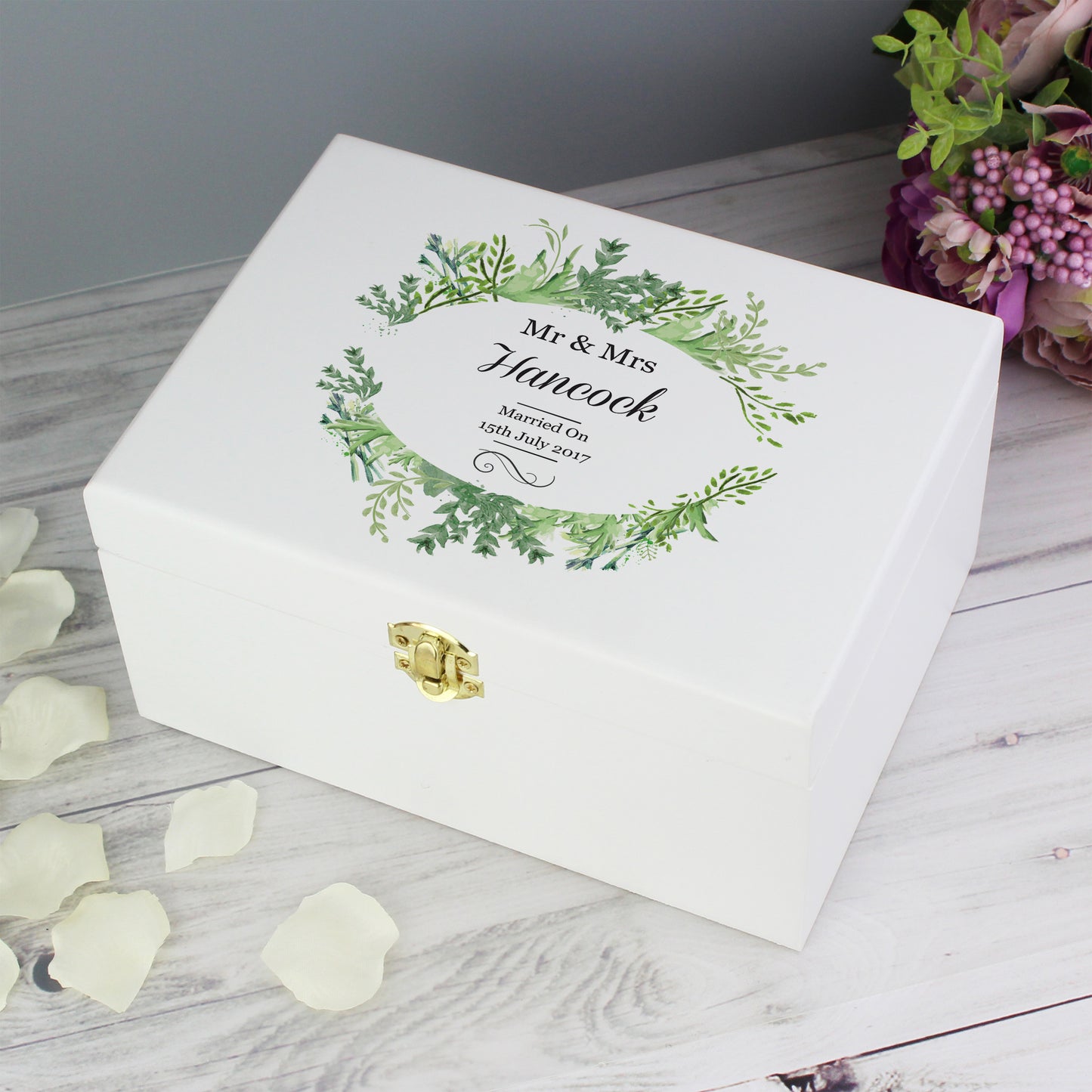 Personalised Botanical White Wooden Keepsake Box