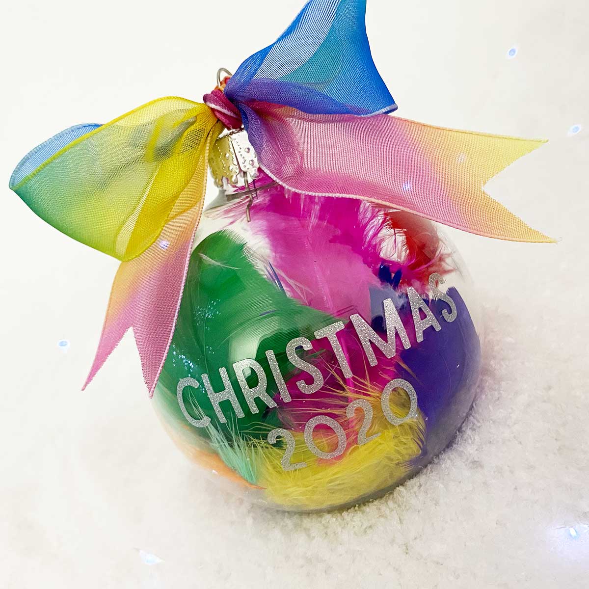 Personalised Rainbow Feathers Glass Bauble