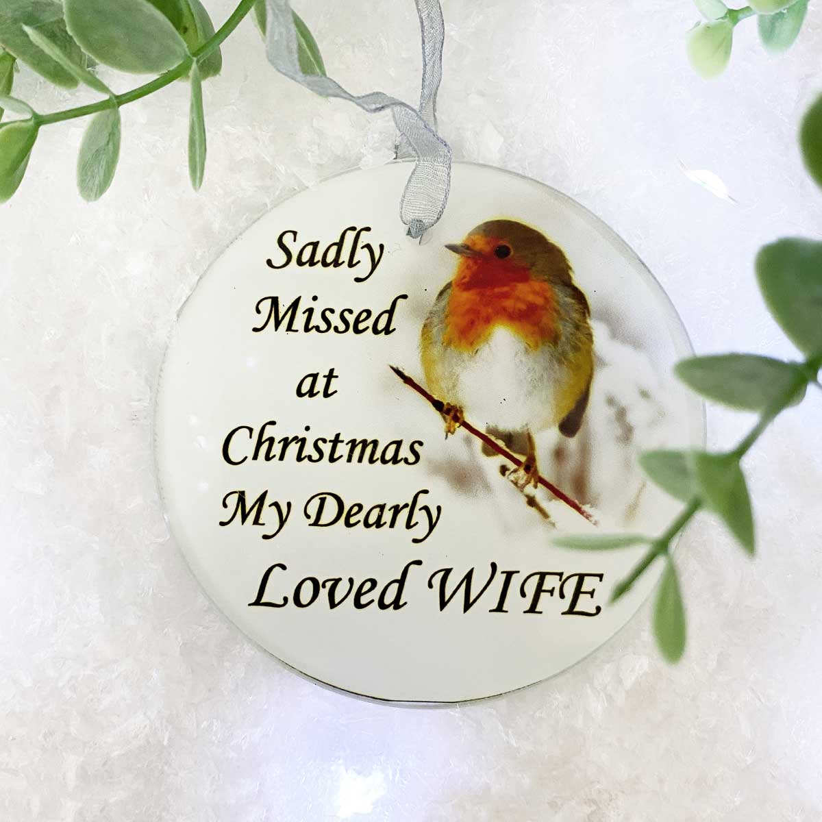 Robin 'Missed At Christmas' Glass Hanging Decoration - Wife