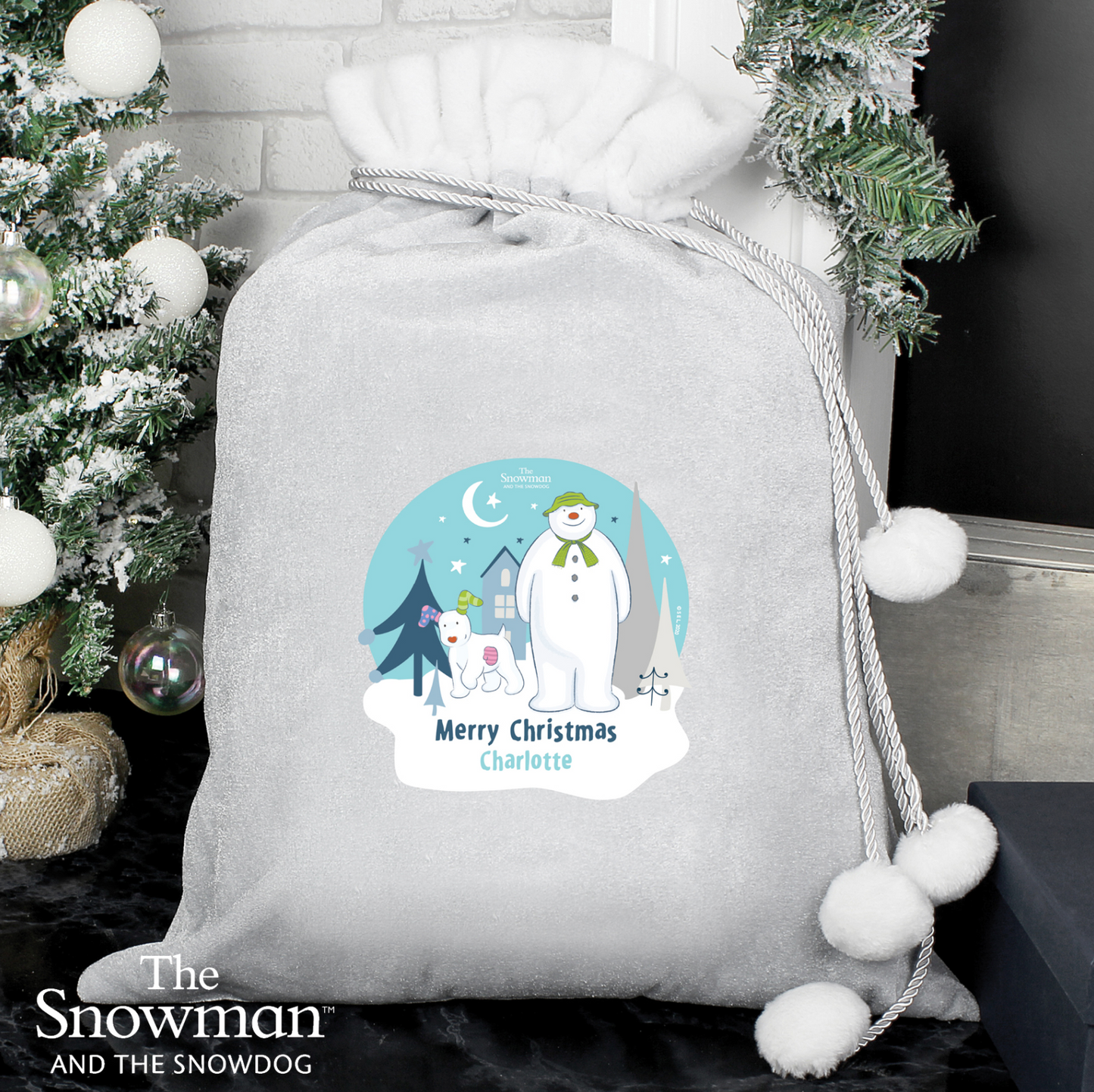 Personalised 'The Snowman And Snowdog' Luxury Silver/Grey Christmas Sack