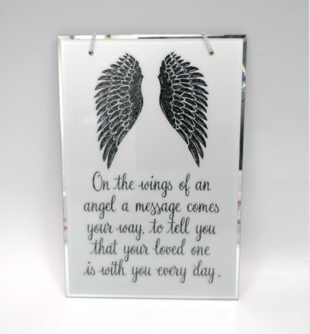 Angel Wings Mirrored Glass Hanging Plaque