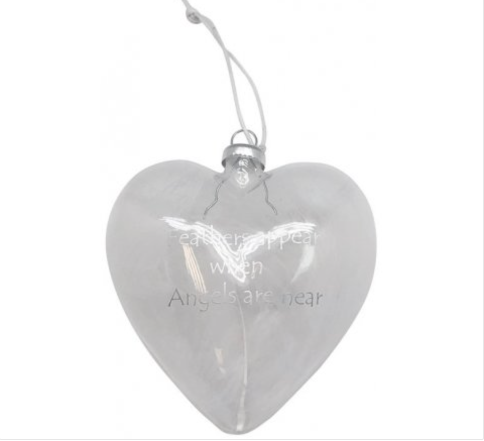White Feather Filled Memorial Glass Heart Bauble 10cm