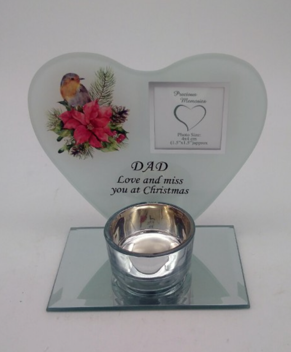 Tealight Holder And Frame With Christmas Robin Detail And Message To Dad