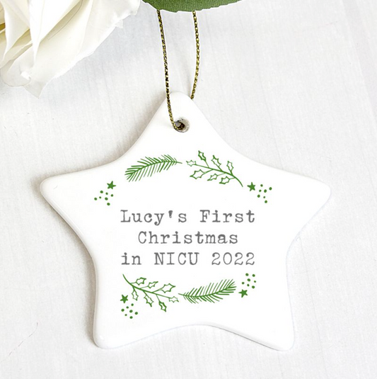 Personalised "First Christmas in NICU" Holly Design Ceramic Star Decoration