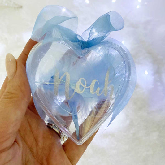 Personalised Blue Feather Filled Glass Heart Bauble