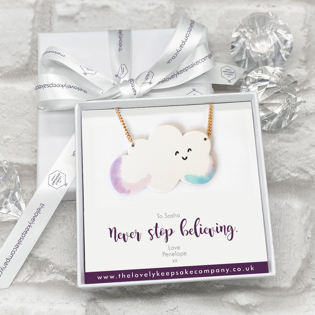Keep Smiling Cloud Necklace Personalised Gift Box - Various Thoughtful Messages
